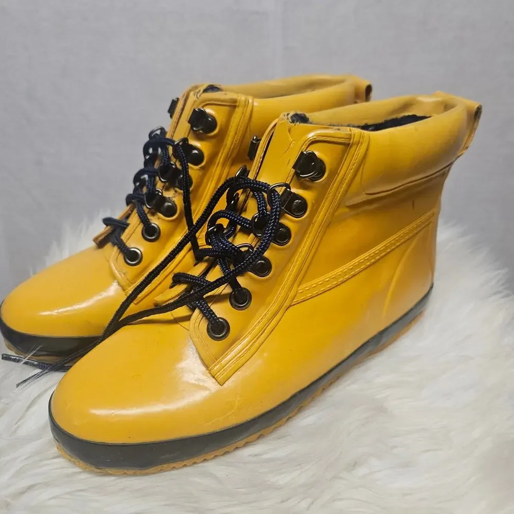 Vintage Eddie Bauer Yellow Rain Boots Fleece Lined Lace Up Winter Duck Boots 7